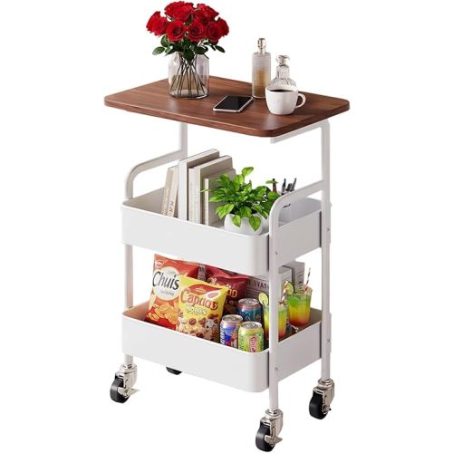 3-Tier Metal Utility Rolling Cart with Drawer & Wooden Table Top,with Fixed Wheel Locks,for Small Spaces Kitchen Storage,Office Bookshelves, Bedroom Racks, and Bathroom Storage