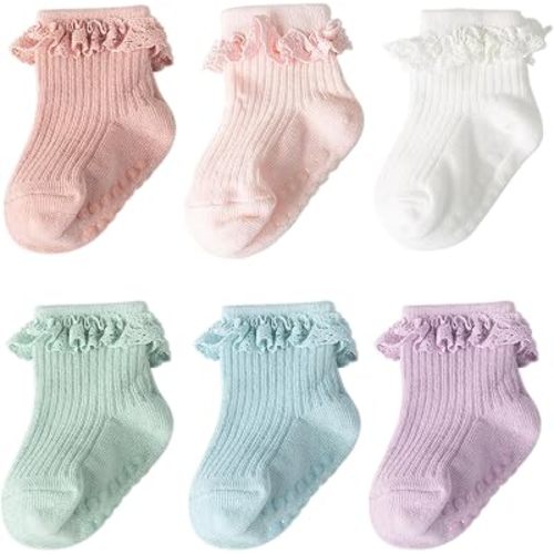 DRESHOW BQUBO Baby Girls Toddler Girls Anti Slip Socks Cute Frilly Ruffle Socks Grip Ankle Baby Socks for Infant Toddler