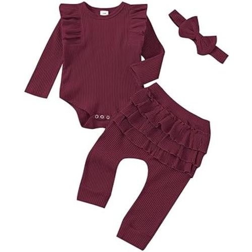 Baby Girl Clothes Newborn Infant Fall Winter Outifts Ribbed Ruffle Long Sleeve Romper Pant Outfit Set 3pcs 0-18Months