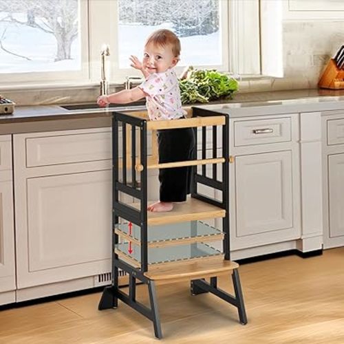 COSYLAND Toddler Standing Tower - Adjustable Height Toddler Kitchen Stool Helper - Kids Kitchen Step Stool for Learning with Removable Safety Railing Black&Natural