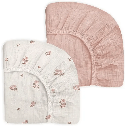Pack and Play Sheets for Baby Boy and Girl 2 Pack, Neutral Muslin Cotton Pack N Play Mattresses Sheet 27"x39", Muslin Nursery Bedding Soft and Breathable Comfort (Vintage Blossom & Pink)