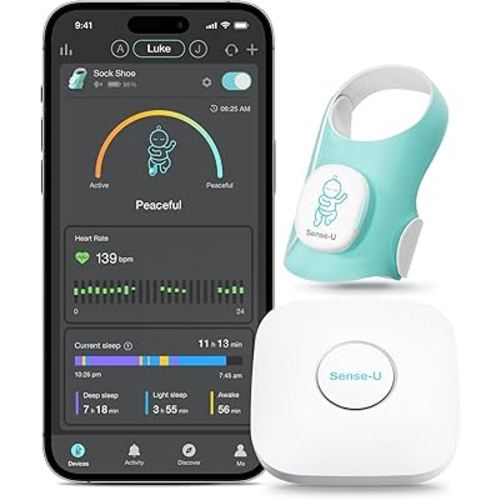 Sense-U Smart Sock Shoe (Long Range) Baby Monitor with On-Device Sleep Indicator & Notifications, Track Heart Rate, Movement, Sleep Patterns, Naps from Anywhere for Peace of Mind, No Monthly Fee