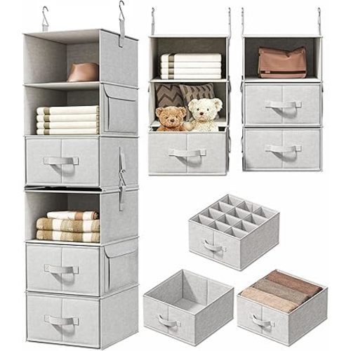 Vailando 6-Shelf Hanging Closet Organizer with 3 Drawers, 2 Separable 3-Shelf Closet Organizers and Storage for Wardrobe Organization, Hanging Dresser for Nursury & Dorm Clothes Organizer