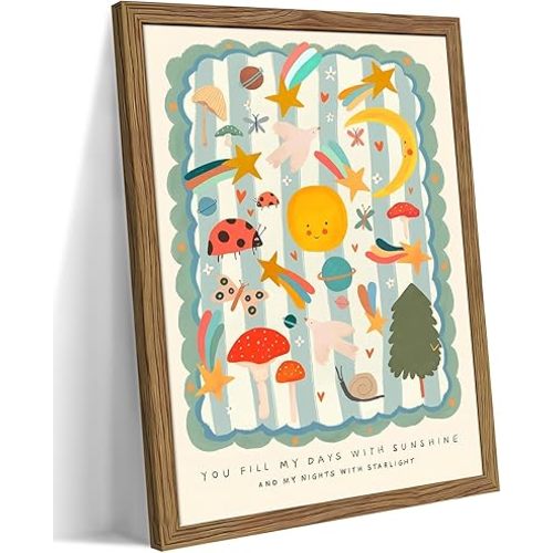 Framed Nursery Wall Art, Kids Inspirational Quote Canvas Wall Decor, Cute Insect Kids Room Prints Painting, Whimsical Sun and Moon Celestial Poster Pictures for Boys and Girls Room 12x16 Inch