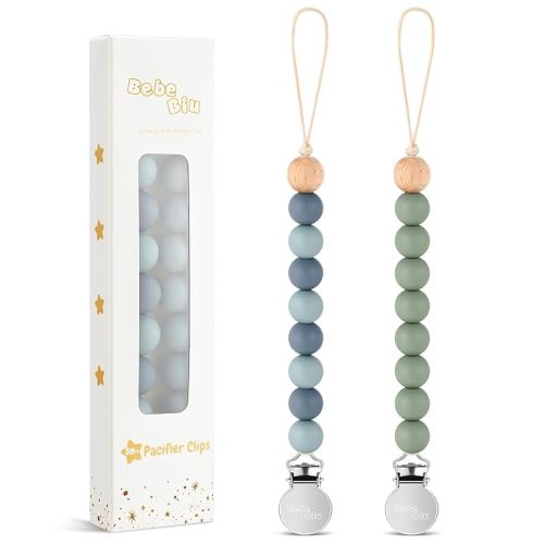 2 Pack Pacifier Clips, Silicone Pacifier Clip for Baby Boys and Girls, Baby Pacifier Strap with Silicone Beads, Soother Dummy Holder, Pacifier Holder, Keeps Pacifier Clean (Beau/Sage)