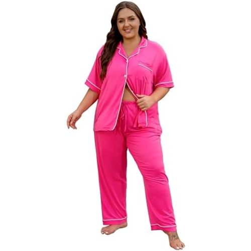 Vozanet Women's Plus Size Pajamas Button Down Shirt and Pants Soft Lounge Sets Bride Nighty Bottom with Pockets 1x to 5x
