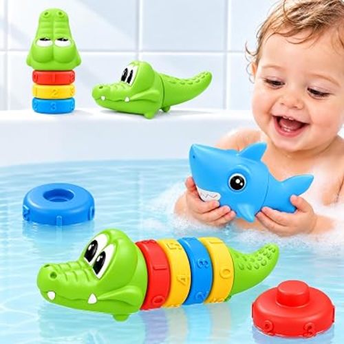 iPlay, iLearn Baby Bath Toy, Toddler Bathtub Stacking Toy Shark Gator