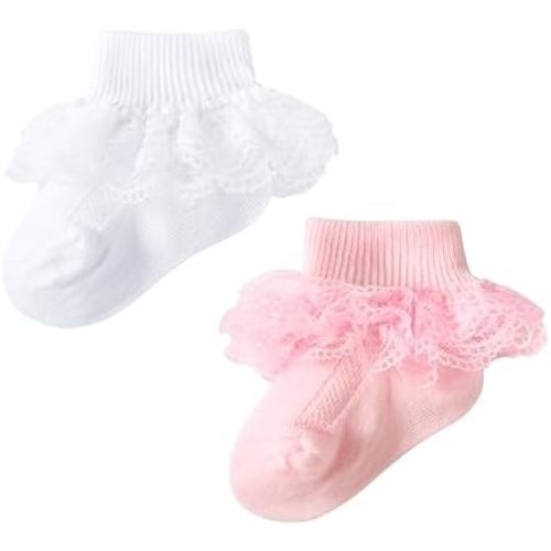 Methee Baby Girls Ruffle Socks, Infant Girls Double Lace Frilly Socks Newborn Spring and Autumn Thin Dress Turn Cuff Sock