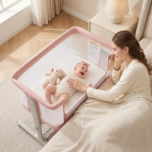 INFANS 3 in 1 Baby Bassinet, Bedside Sleeper for Newborn, Folding Crib with Mattress, Travel Bag, Wheels, 4-Sided Mesh, Easy to Assemble Cradle Co Sleeper Stationary, Rock (Pink)