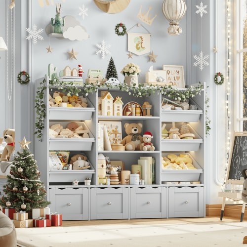 Hiphuta 55" Wide Toy Storage Organizer with 4 Removable Drawers, 4-Tier Kid Bookcase with 6 Bins, Toy Organizer with Bookcase for Kid Bedroom Playroom, Gray