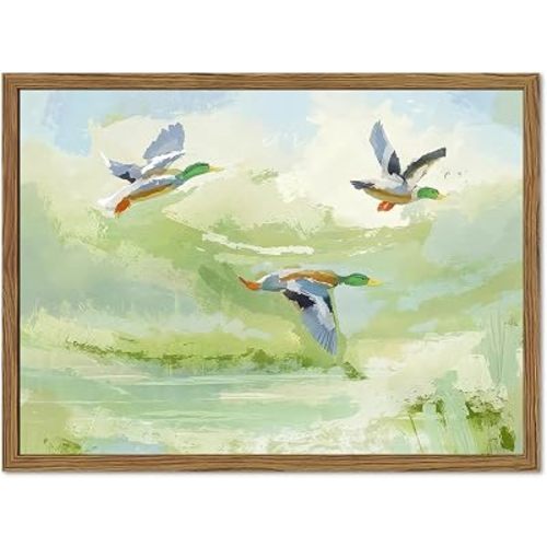 Vintage Mallard Duck Wall Art Cottagecore Flying Ducks Wall Decor Painting Rustic Bird Animal Landscape 3D Textured Hand Drawn Sandstone Artwork for Living Room Bedroom 12x16 inch Framed