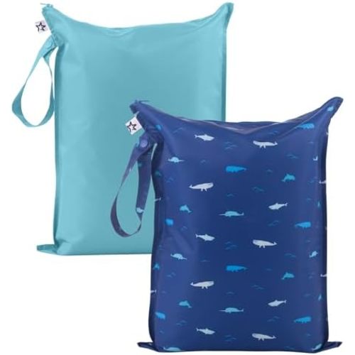 Tiny Twinkle Mess Proof Wet Bags | 2-Pack Reusable Waterproof Wet Bags for Swimsuits | Baby Clothes | Travel & Diaper Bag (Ocean)