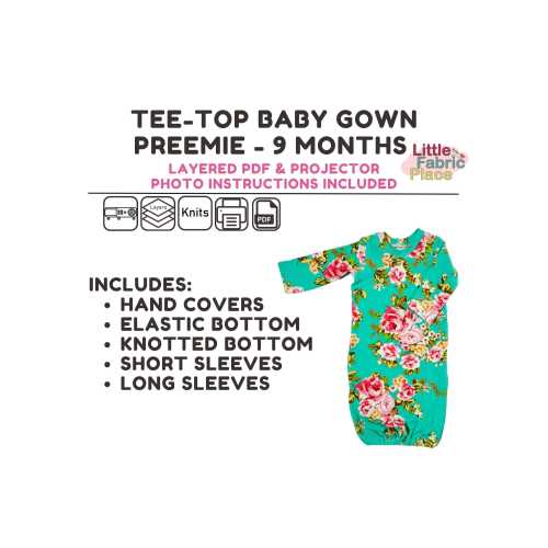 Baby Gown Elastic or Knotted PDF Print Digital projector Sewing Pattern Preemie Newborn to 9 months
