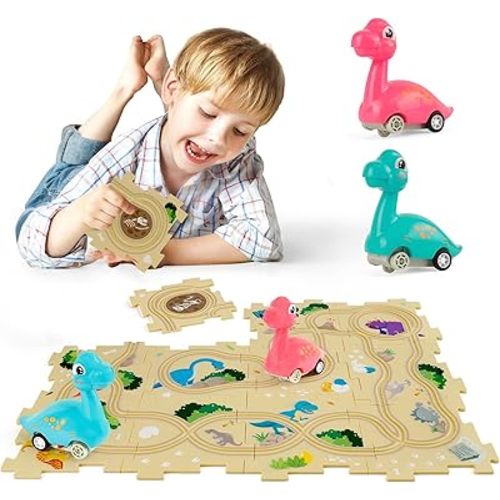 Puzzle Racer Kids Car Track Set with 2 Dino Cars, Kids Toys for 3-5 Year Old Boys, Montessori Toys for 3+ Year Old