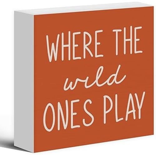 Where The Wild Ones Play Orange Wood Box Sign Desk Decor 5X5, Nursery Kids Room Wooden Block Sign Decorations for Playroom Toddler Boys Girls Room Wall Tabletop Shelf Decor