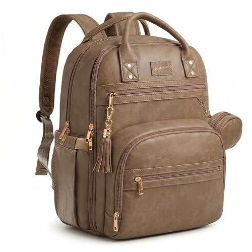 ROSEGIN Premium Vegan Leather Diaper Bag Backpack with Waterproof Changing Pad, Reinforced Zippers & Odor-Free, 20 Pockets Pro Organizer, Fits 15.6" Laptop, Stroller Straps, Baby Bag for Mom, Taupe