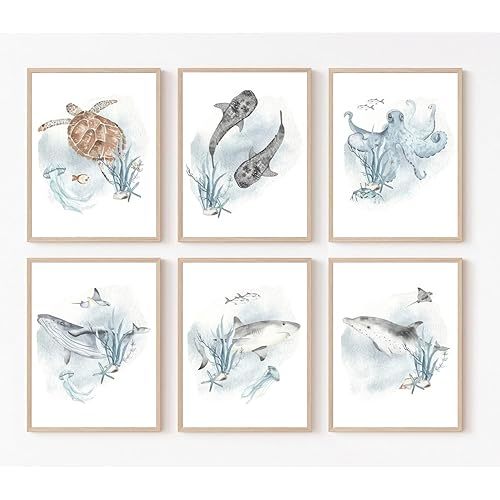Wodkwq Nursery Wall Art Sea Animal Canvas Prints Baby Girl Boy Room Decor Watercolor Paintings Pictures Cute Ocean Theme Toddler Room Decoration Set of 6 for Kids Bedroom Bathroom 8x10in Unframed