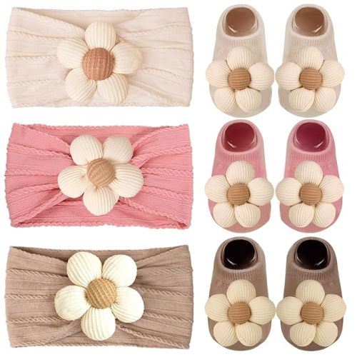 Baby Girl Headbands and Socks,Non-Slip Socks and Soft Hairbands | Baby Girl Non-Slip Floral Socks and Soft Floral Nylon Headbands for Babies Infants and Toddlers