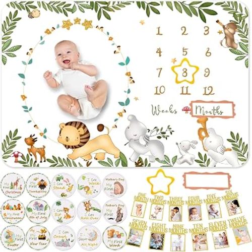 Baby Monthly Milestone Blanket, 1-12 Months Photo Banners & Milestone Cards