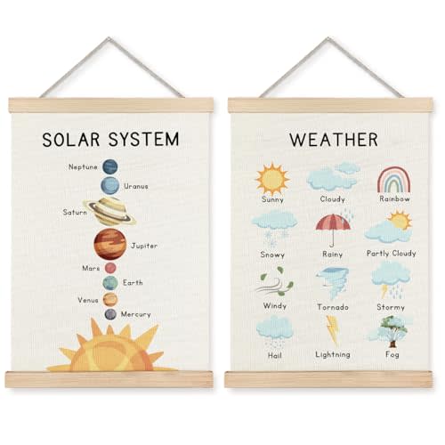 Supwhd Solar System Space Wall Decor, Nursery Wall Decor, Space Weather Chart Wall Art Educational Poster for Kids Room Classroom Preschool Decor, 12x16 Set of 2