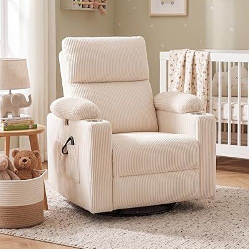 Rocking Chair Nursery with Adjustable Armrests, Glider Recliner Nursery Chair with Massage and Heat, Power Swivel Rocker Recliner with Adjustable Headrest, Corduroy, Beige