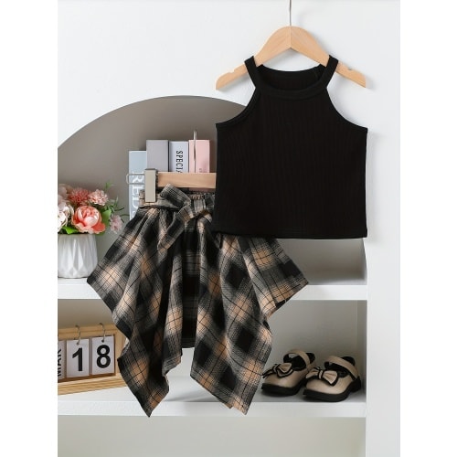 1-2yr Spicy girl set 's summer new Korean version slim fit tank top irregular checkered shorts skirt two-piece set
