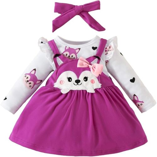 KAGAYD Infant Baby Girl Fall Clothes Long Sleeve Ruffle Romper Cartoon Print Overalls Skirt Set Fall Winter Cute Outfits