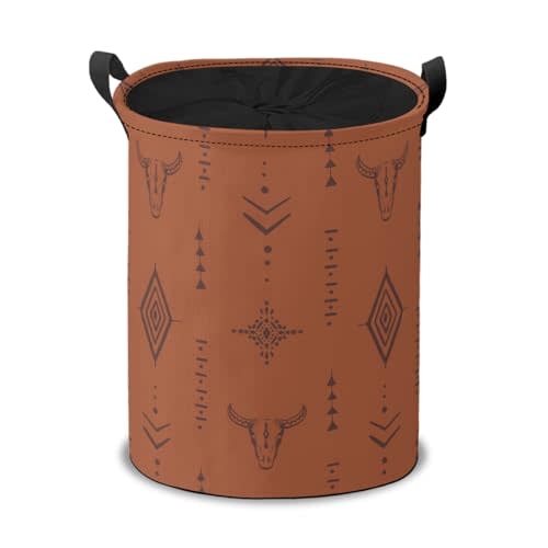 Aztec Skulls Art Laundry Hamper Basket, Western Bull Boho Collapsible Portable Laundry Bag, Storage Bins Toys Storage Gifts Basket, Bedroom Home Nursery Decor for Baby Girl Women