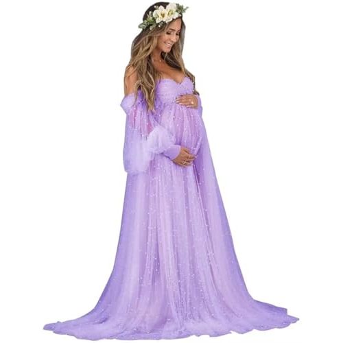 Pearl Tulle Maternity Dress for Photoshoot Long Puffy Sleeve Maternity Photography Gown for Baby Shower Pregnancy Dress