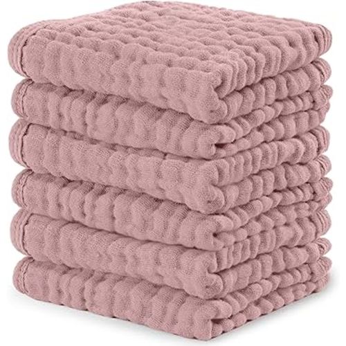 Comfy Cubs Muslin Baby Washcloths 6 Pack - Soft 6-Layer Cotton Wash Cloths for Sensitive Skin - 10"x10" Large, Gentle, Absorbent Infant Essentials for Newborn and Toddlers - Mauve