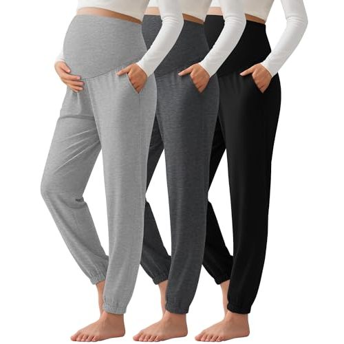Sweetyweee 3 Pack Women's Maternity Pants Maternity Jogger Sweatpants Over The Belly Stretchy Pregnancy Pants with Pockets