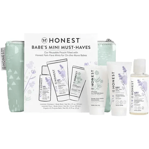 The Honest Company Babe's Mini Must Haves Gift Set | Travel Size Lavender Shampoo + Body Wash (2 fl oz), Face + Body Lotion (1 fl oz), Organic All Purpose Balm (.75 oz), Reusable Pouch