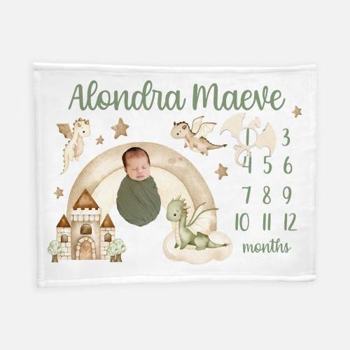 Dragon Baby Milestone Blanket, Baby Boy Milestone Blanket, Personalized Baby Blanket, Monthly Baby Blanket, Dragon Fantasy Nursery Theme G52