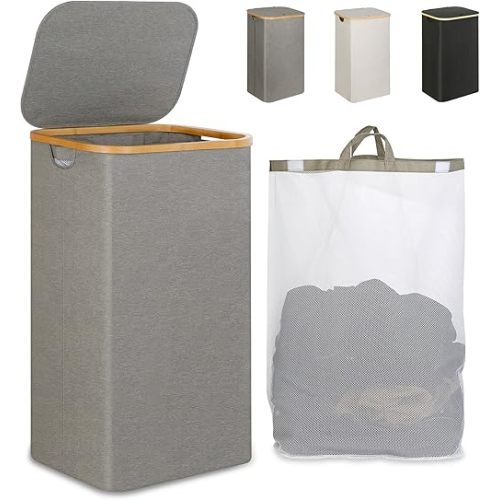 iEGrow Laundry Hamper with Lid, 110L Large Laundry Hamper with Handle and Lid, Collapsible Clothes Basket Organizer with Removable Inner Bag for Clothes Toys Towels - Grey