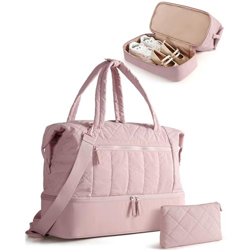 Smasrob Quilted Duffle Bag with Shoe Compartment and Wet Pocket, Weekender Duffel Bag With Laptop Sleeve and a Separate Pouch for Travel, Gym, Hospital Labor Delivery, Pink