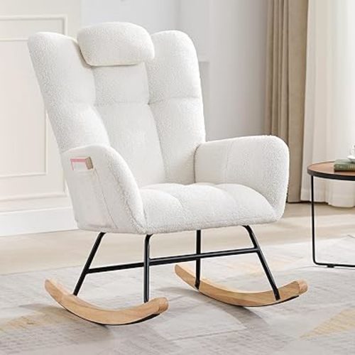 Teddy Glider Rocker, Nursery Nursing Chair for Adults, Compact Space-Saving Rocking Chair for Living Room, Bedroom & Small Spaces,Beige
