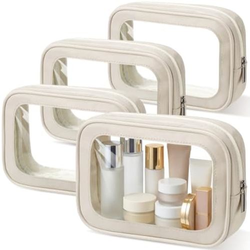 Abbylike 4 Pcs Clear Makeup Bag PU Leather Tsa Approved Toiletry Bag with Zipper Transparent Cosmetic Bags Travel Car Clear Organizer Bags for Women and Girls Gift(Beige)
