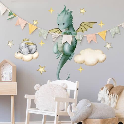 23.6 * 11.8 inch Wall Sticker,Typesetting Wall Decal, Dragon Illustration, Stars and Clouds Decor, Easy Peel & Stick - Removable & Reusable - Perfect for Home Wall Nursery and Kids' Rooms Decor.