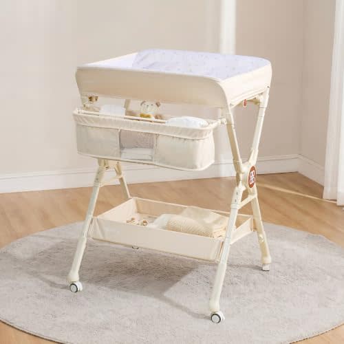 Maydolly Changing TablePortable Diaper Changing Station, Foldable Baby Changing Table,Compact Nursery Diaper Changing Table for BabyAdjustable HeightMobile on Wheels (Beige)
