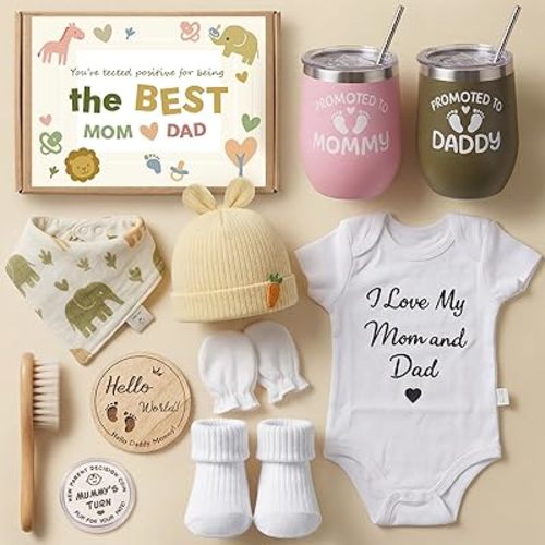 Baby Shower Gifts for New Mom Women - Baby Gifts Basket with Tumblers, Newborn Essentials, Decision Coin & Card - Pregnancy & Gender Reveal Gifts Set for New Parents, Postpartum Gifts for Mom