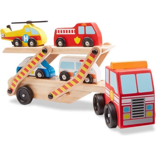 Melissa & Doug Emergency Vehicle Carrier Wooden Truck with 4 Rescue Vehicles