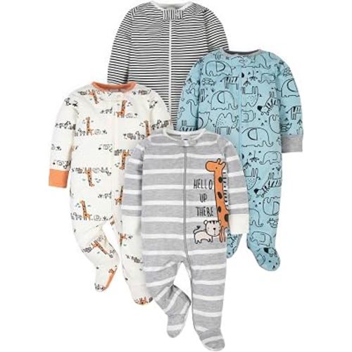Gerber Baby Boys 4 Pack 'N Play Footie And Toddler Sleepers, Jungle Blue, 0-3 Months US