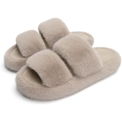 Chantomoo Women's Slippers Memory Foam Slippers for Women Fuzzy Comfy Faux Fur House Furry Indoor Open Two Bands Gift Slippers