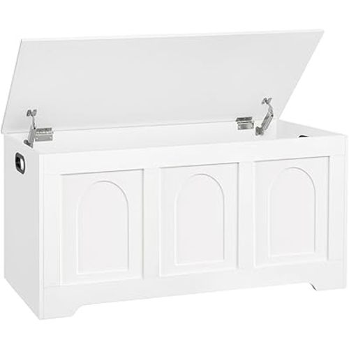 DINZI LVJ Storage Chest, 39.4” Wooden Toy Box with 2 Safety Hinges, Entryway Shoe Bench with Flip-Top, Sturdy Large Storage Trunk for Living Room, Bedroom, Playroom, Easy Assembly, White