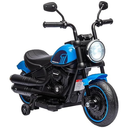Aosom Kids Motorcycle with Training Wheels, 6V Ride-on Toy for Toddler Ages 18-48 Months, Battery-Operated Motorbike for Kids with Single-Button Start, Headlight, Blue