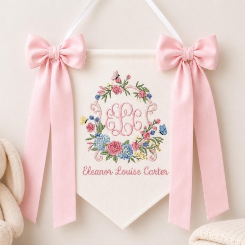 Personalized Embroidered Baby Name Banner, Custom Monogram Nursery Sign, Hospital Door Baby Announcement, Baby Shower Gift