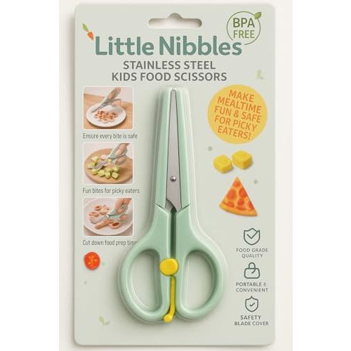 Little Nibbles Baby Toddler Feeding Scissors - Stainless Steel Childrens Food Cutter with Safety Cover, Easy-Grip Handles, BPA-Free, Dishwasher Safe – Shears for Meat, Veggies & Fruits
