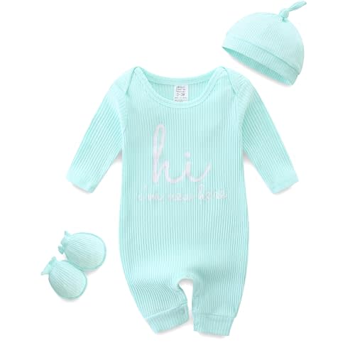 Baby Romper with Baby Mittens & Newborn Hats Footless Long Sleeve Solid Onesie Hi Im New Here