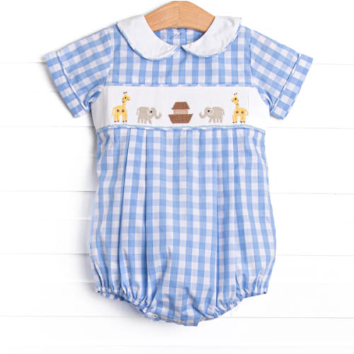 Noah's Ark Smocked Collared Bubble, Blue – Stitchy Fish