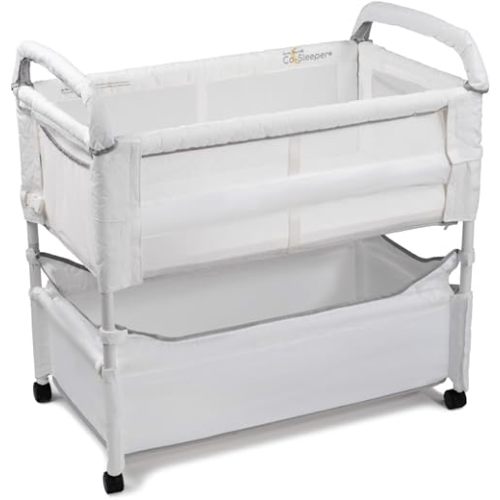 Arm’s Reach Clear-Vue Co-Sleeper Bedside Bassinet Featuring Clear Mesh Panels with Fold-Down Side, Large Attached Storage Basket, 4 Wheels, and Height-Adjustable Legs, White